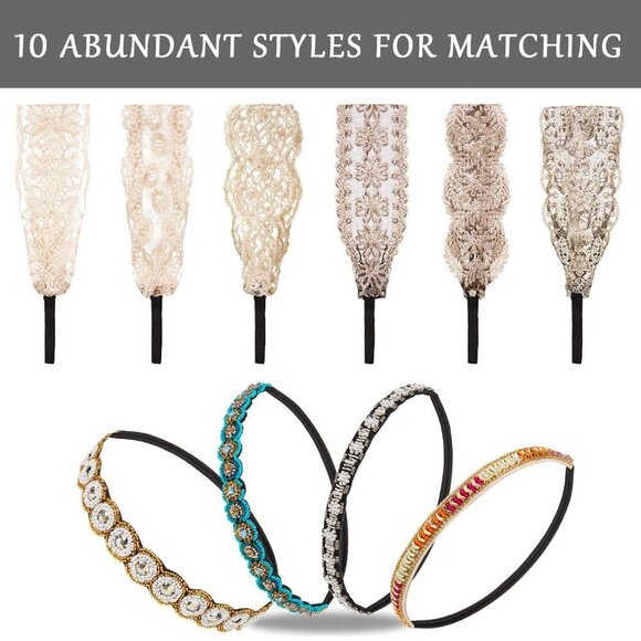 10 Pack Women Hair Accessories Elastic Lace Rhinestone Headbands Vintage main image 7